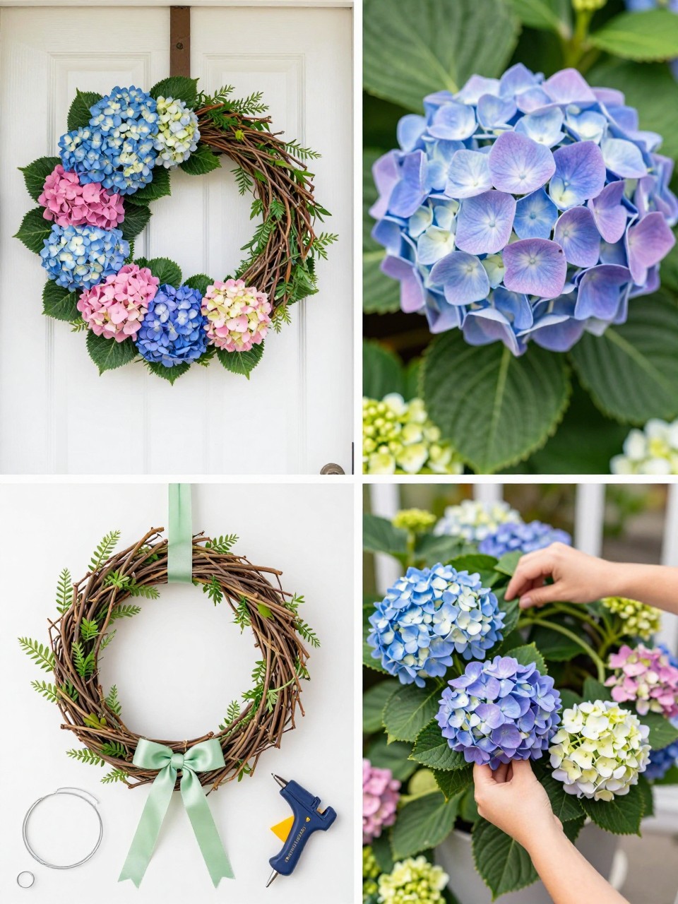 A realistic editorial 2x2 collage grid showing a bright hydrangea summer wreath, top-left finished wreath on a white door with blue, pink, purple, and white hydrangeas, top-right close-up of full hydrangea petals and soft leaves, bottom-left flat lay of grapevine wreath base, faux hydrangea stems, greenery, ribbon, floral wire, wire cutters, and hot glue gun, bottom-right cropped hands placing hydrangea blooms into the wreath base, colorful summer porch styling, no faces, no text, no watermark on images.