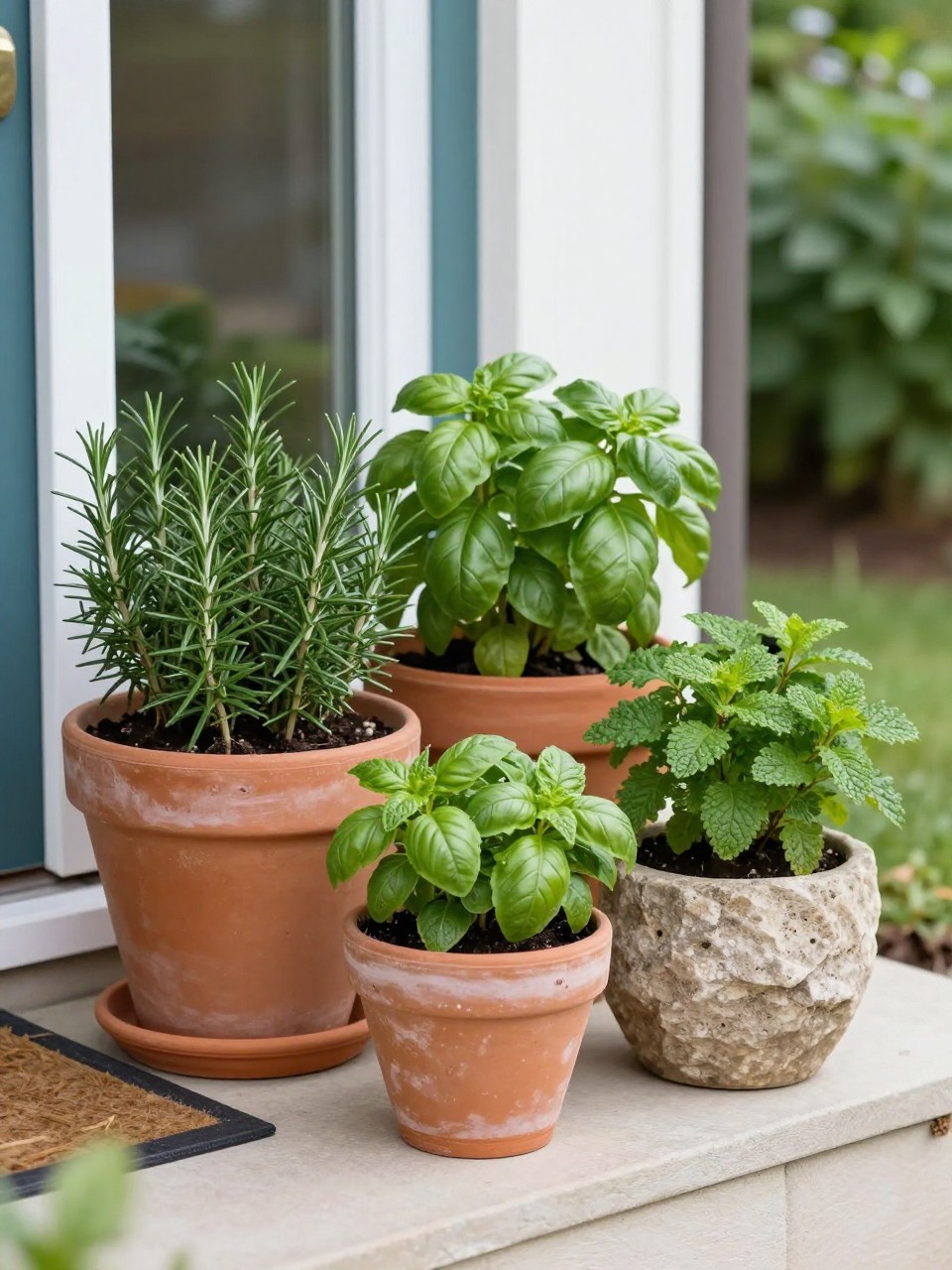 Image Prompt: A small front doorstep garden with neat herb pots filled with rosemary, thyme, basil, mint, and parsley, terracotta and stone pots, charming home entrance, fresh and useful compact garden styling, realistic DSLR photo quality, no people, no watermarks on images.