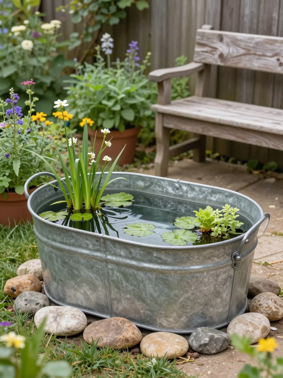 Image Prompt: A charming DIY galvanized tub pond in a backyard garden, small water plants, floating leaves, stones around the base, rustic wooden bench nearby, herbs and flowers surrounding it, farmhouse garden styling, realistic DSLR photo quality, no people, no watermarks on images.