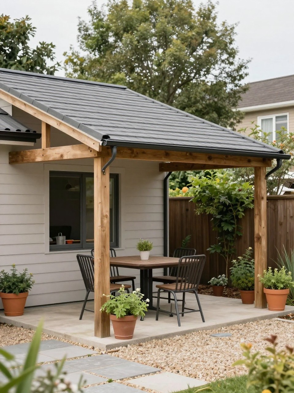 Image Prompt: A simple lean-to patio roof attached to the back of a house, gently sloped roofline, wooden posts, compact outdoor dining table, potted herbs, gravel and paver floor, cozy practical backyard patio, soft daylight, no people, realistic DSLR photo, no text, no watermarks on images.