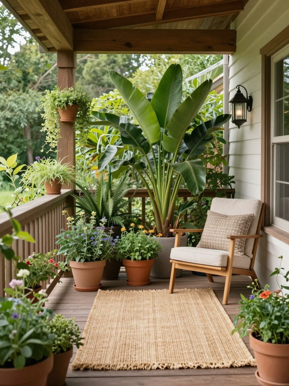 Image Prompt: A lush back porch patio filled with layered potted plants, tall leafy greenery, trailing plants, herbs, flowers, cozy outdoor chair, natural fiber rug, warm wood accents, peaceful home garden retreat, realistic DSLR photo quality, no people, no watermarks on images.