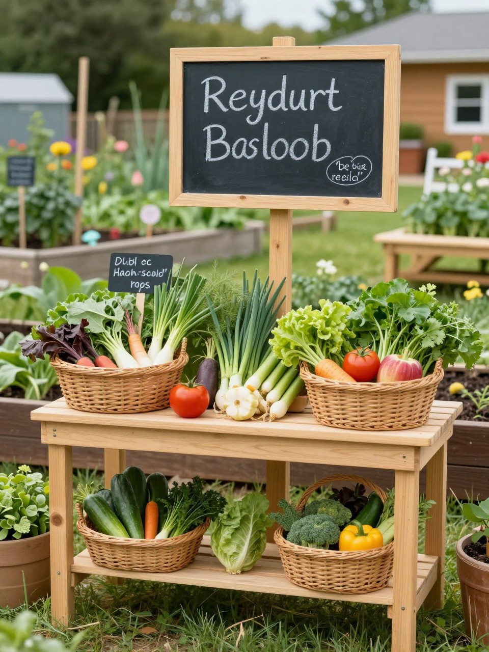 Image Prompt: A beautiful school garden harvest station with a small wooden stand, baskets of freshly picked vegetables and herbs, chalkboard-style signs, cheerful and organized school garden setup, practical and educational design, realistic DSLR photo quality, no watermarks on images.