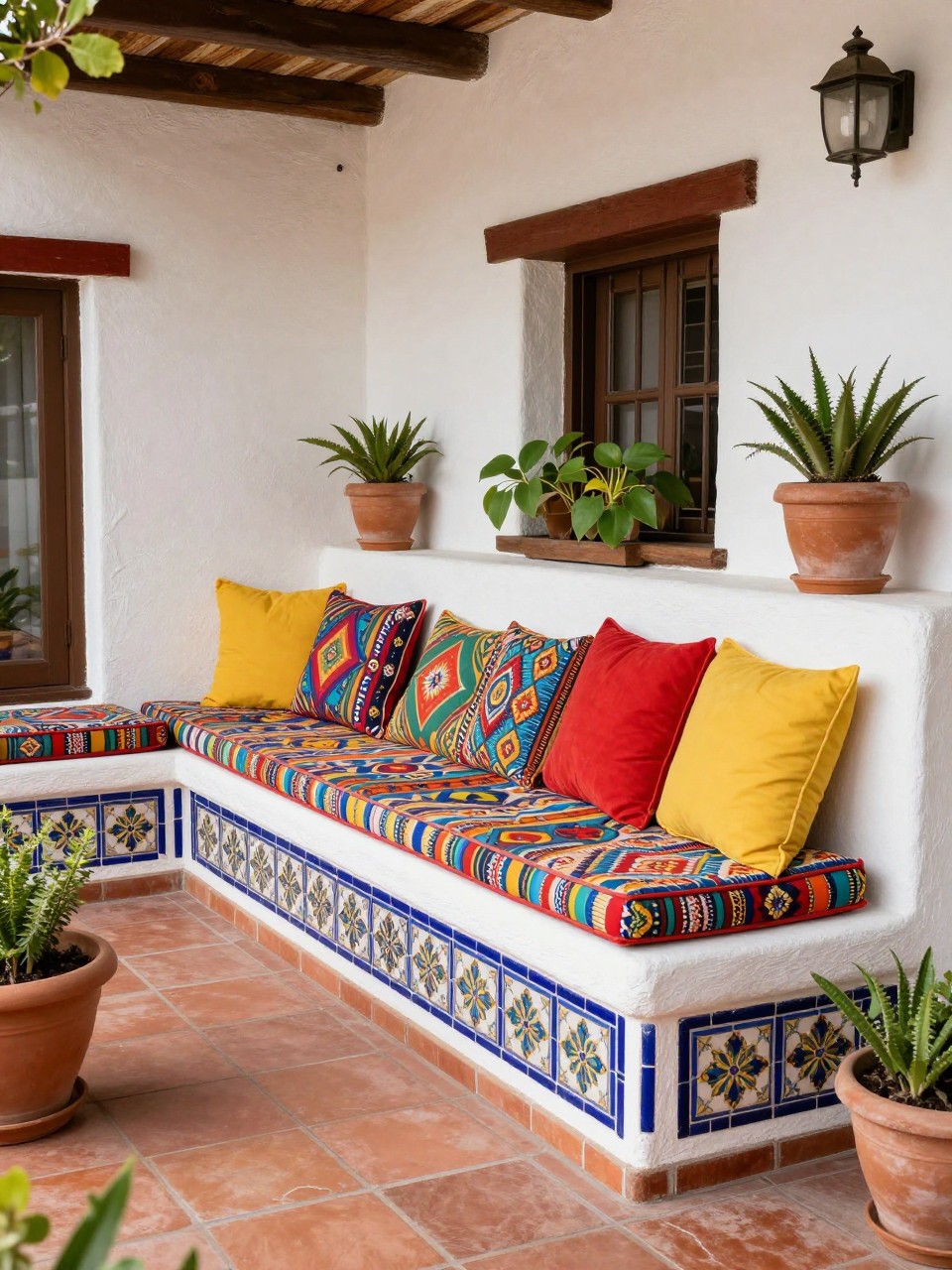 Image Prompt: A charming Mexican patio with a built-in stucco bench lined with colorful patterned seat cushions, bright accent pillows, Talavera tile trim, terracotta flooring, potted plants, festive but stylish outdoor setting, bright daylight, no people, realistic home and garden magazine photo, no text, (no watermarks on images)