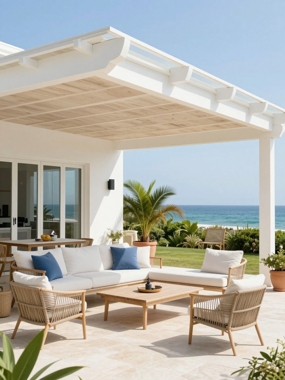 Image Prompt: A bright coastal-style patio roof attached to the house with white beams and a pale wood ceiling, light outdoor sofa, blue and white cushions, woven chairs, potted palms, pale stone floor, airy relaxed backyard setting, no people, realistic editorial photo, no text, no watermarks on images.