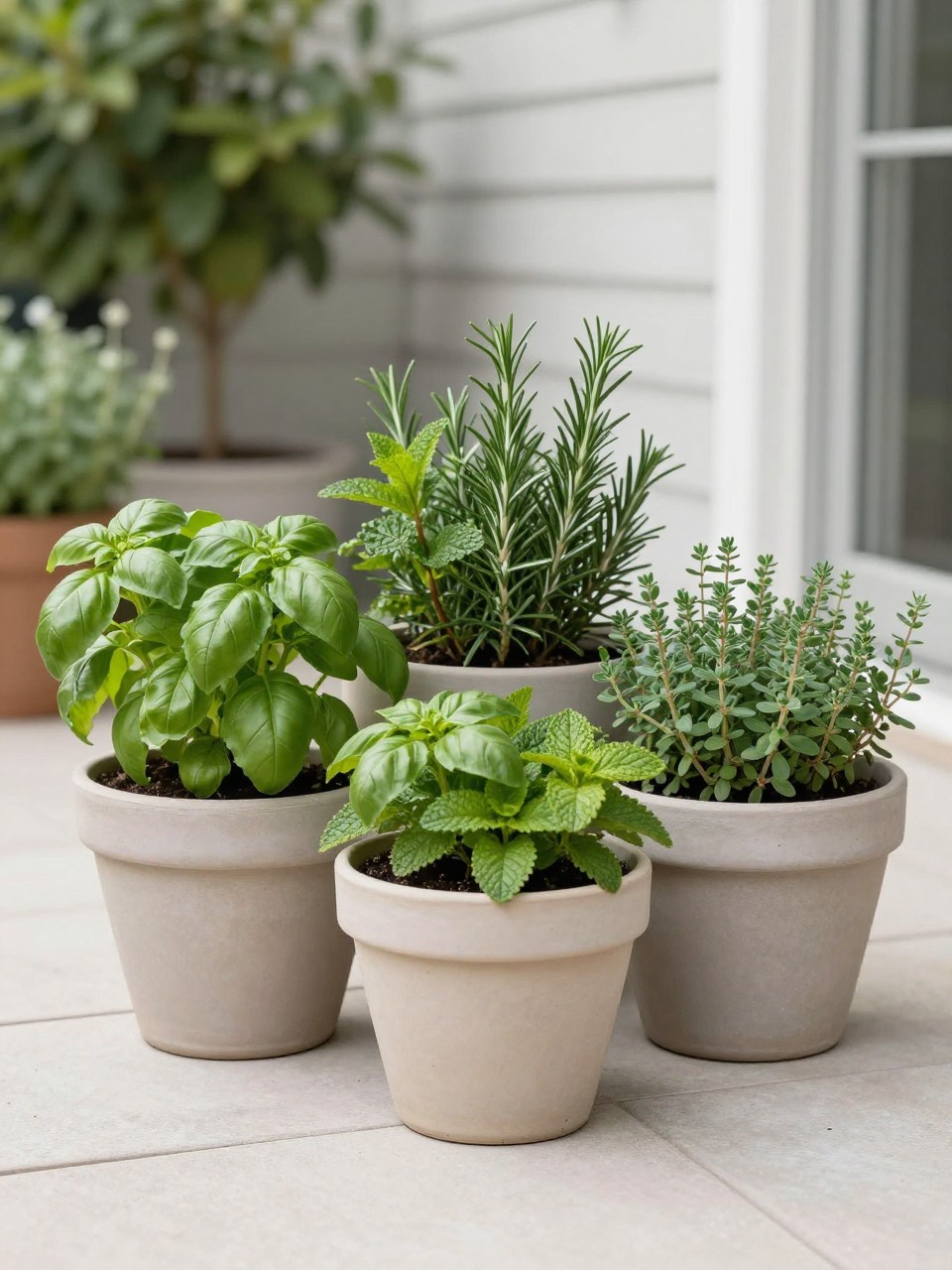 Image Prompt: A stylish home patio with a row of matching garden pots filled with herbs like basil, rosemary, mint, and thyme, neat and practical outdoor styling, soft neutral pots, relaxed and premium home garden atmosphere, realistic DSLR photo quality, no people, no watermarks on images.
