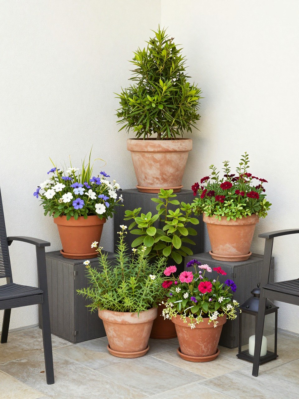 Image Prompt: A stylish patio corner with a seasonal potted plant display, mixed planters filled with flowering annuals, leafy greenery, small shrubs, and trailing plants, simple outdoor chair, lantern, stone floor, cozy and colorful home patio setting, bright natural light, no people, realistic DSLR photo, no text, no watermarks on images.