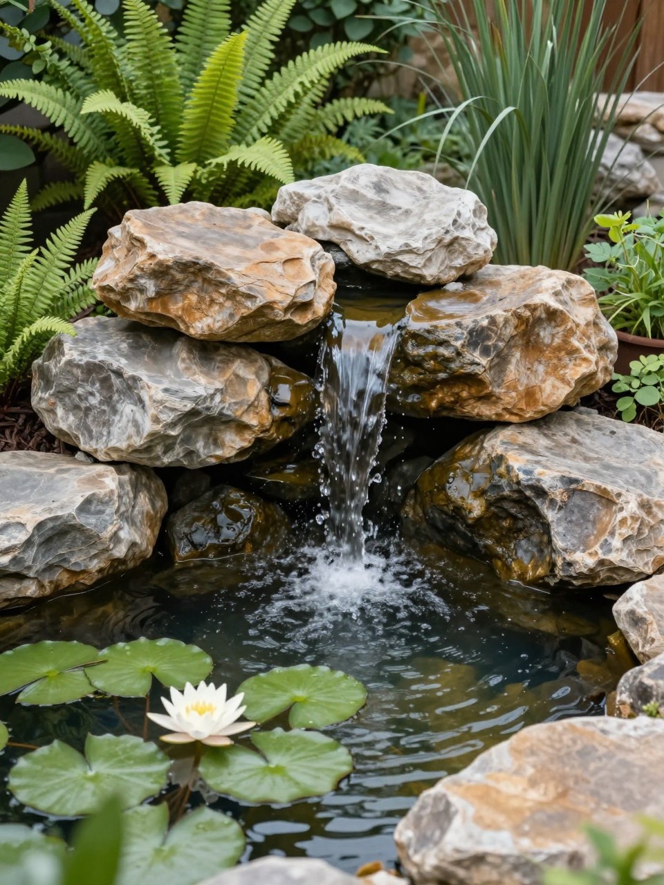 Image Prompt: A beautiful homemade garden waterfall made with natural stacked rocks flowing into a small pond, clear water, water lilies, ferns, ornamental grasses, soft garden planting, calm backyard setting, realistic DSLR photo quality, no people, no watermarks on images.