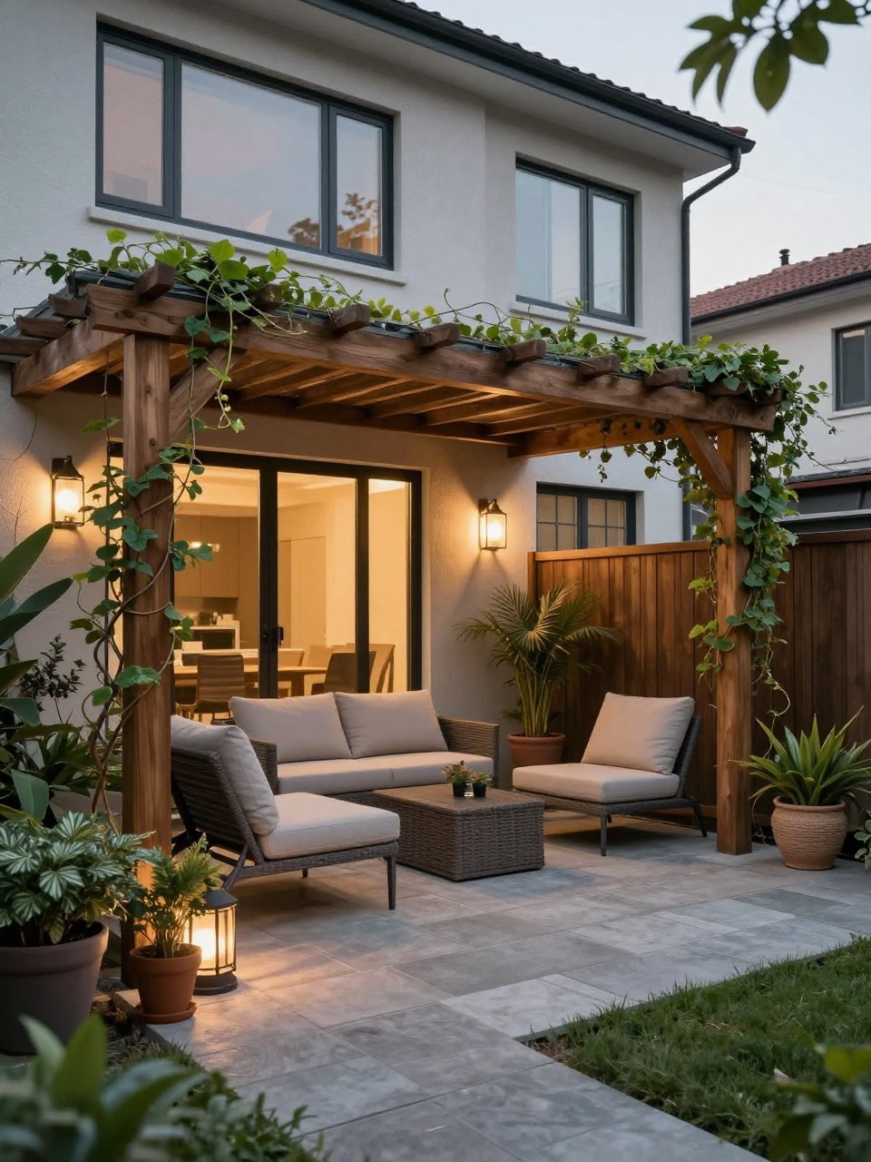 Image Prompt: A stylish townhome backyard with a slim wooden pergola, outdoor lounge chairs, neutral cushions, climbing vines, potted plants, stone patio, soft evening lighting, cozy shaded compact garden retreat, realistic DSLR photo quality, no people, no watermarks on images.