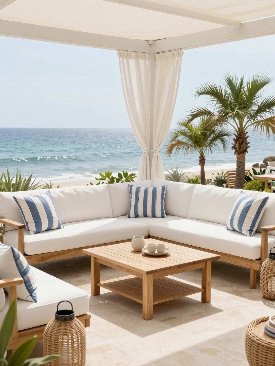 Image Prompt: A beautiful coastal patio with white outdoor sofa seating styled with blue and white striped cushions, light wood coffee table, woven lanterns, pale stone patio floor, airy white curtains, potted palms, soft ocean-inspired color palette, bright natural daylight, relaxed beach house decor style, no people, realistic DSLR photo, editorial home and garden style, high detail, no text, (no watermarks on images)