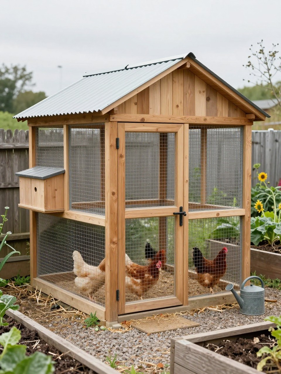 Image Prompt: A farmhouse-style walk in chicken coop with a corrugated metal roof, natural wood siding, tall secure wire run, full-size wooden door, side nesting boxes, chickens inside, gravel and straw flooring, rustic garden fence, raised vegetable beds, and a watering can nearby, clean country backyard setting, realistic soft daylight, no people, no text, no watermark.