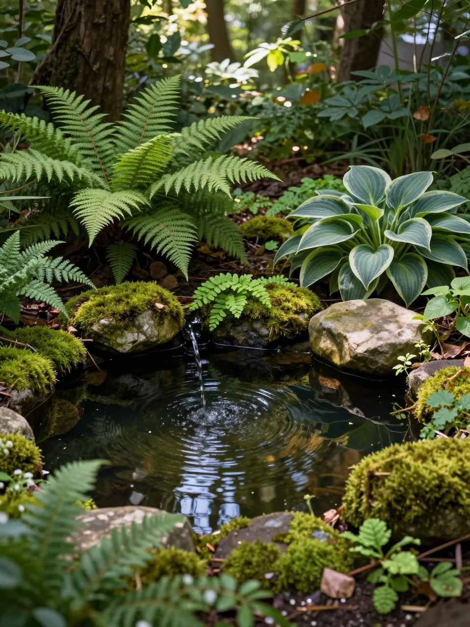 Image Prompt: A serene DIY woodland pond in a shady backyard corner, ferns, hostas, mossy stones, soft ground cover, dark reflective water, dappled light under trees, peaceful natural garden design, realistic DSLR photo quality, no people, no watermarks on images.