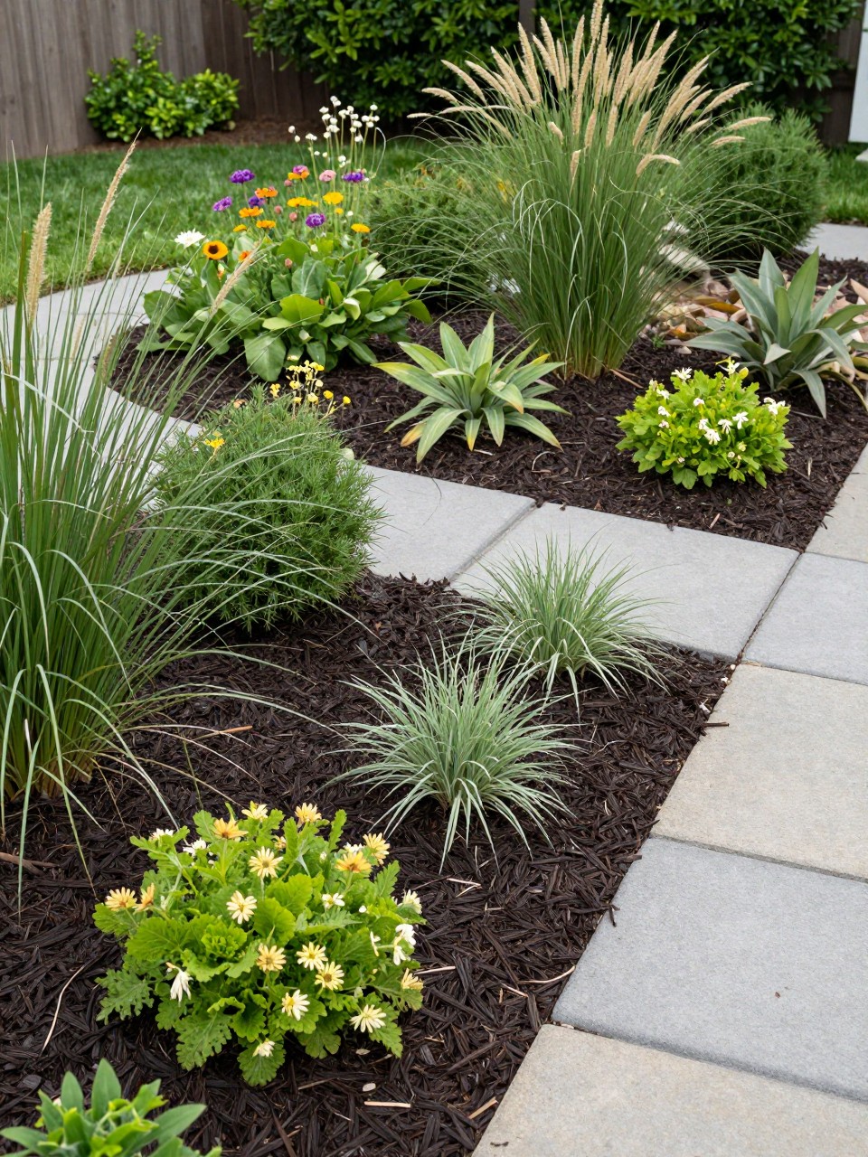 Image Prompt: A beautiful no grass backyard with dark mulch garden beds, native plants, wildflowers, ornamental grasses, small shrubs, stepping stone path, natural low-maintenance landscape design, realistic DSLR photo quality, no people, no watermarks on images.