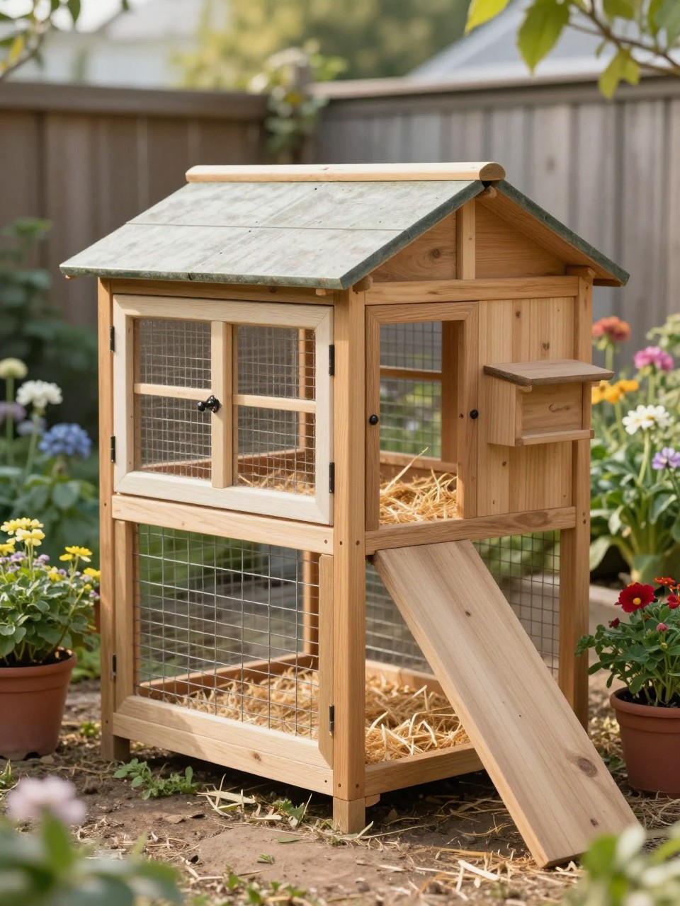 A realistic small chicken coop with a recycled vintage window built into the side, budget-friendly wooden structure, sloped roof, attached wire run, small ramp, side nesting box, soft straw bedding, cottage-style backyard garden with flowers and potted herbs nearby, warm morning light, practical and charming DIY style, no people, no text, (no watermarks on images).
