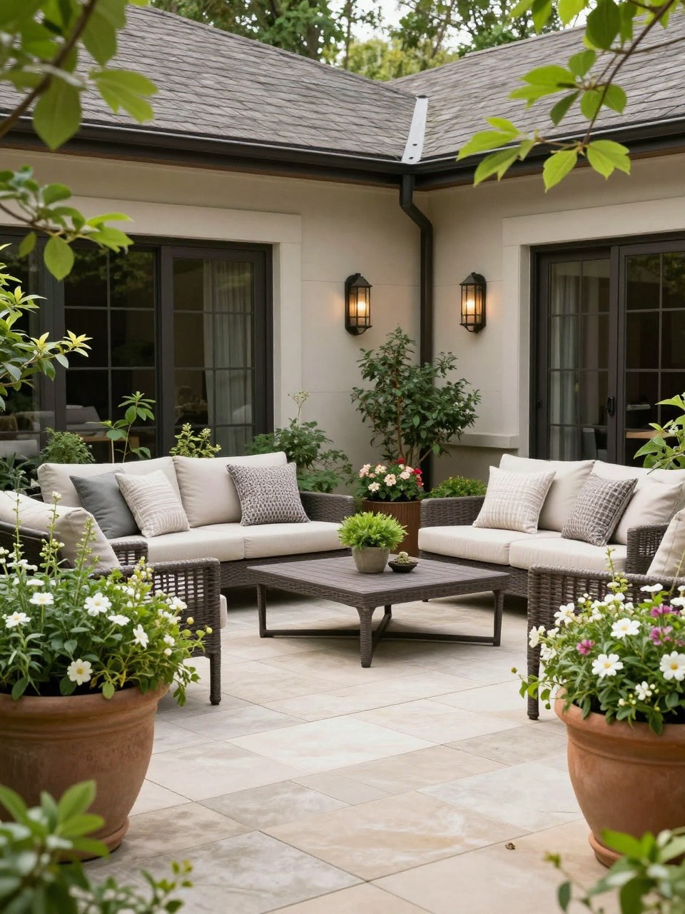 Image Prompt: A beautiful home patio seating area framed with large garden pots, layered greenery and flowers around a lounge setup, premium outdoor decor, cozy yet elegant styling, soft natural light, realistic DSLR photo quality, no people, no watermarks on images.