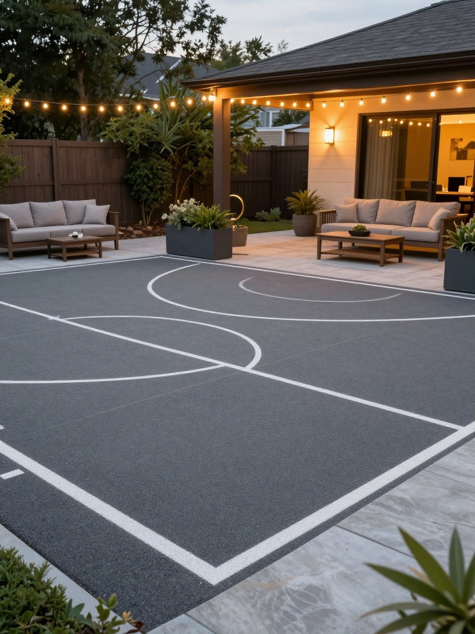 Image Prompt: A backyard basketball court beside a cozy lounge patio, half court with clean lines, outdoor sofa nearby, planters separating the court from seating, warm string lights, modern family backyard design, realistic DSLR photo quality, no people, no watermarks on images.