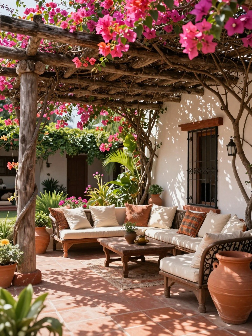 Image Prompt: A romantic Mexican patio under a rustic wooden pergola covered with blooming bougainvillea, terracotta tile floor, cozy seating area with cream cushions, clay pots, wrought iron details, dappled sunlight, lush colorful courtyard setting, no people, realistic editorial garden photo, no text, (no watermarks on images)