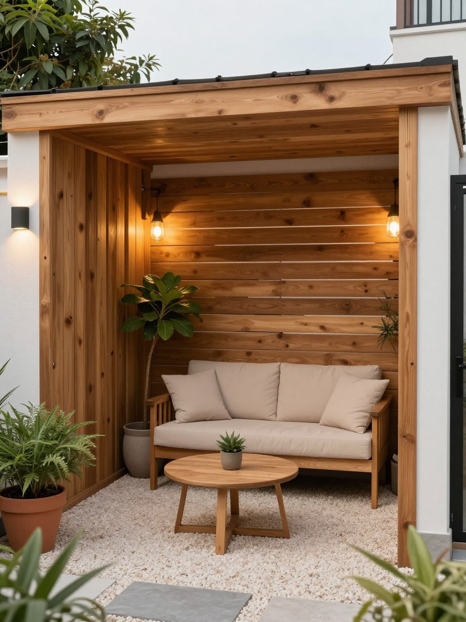 Image Prompt: A stylish tiny townhouse patio with a wood slat privacy screen, compact outdoor loveseat with beige cushions, small round coffee table, potted greenery, warm wall lights, light gravel floor, cozy private outdoor seating nook, no people, realistic DSLR image, no text, no watermarks on images.
