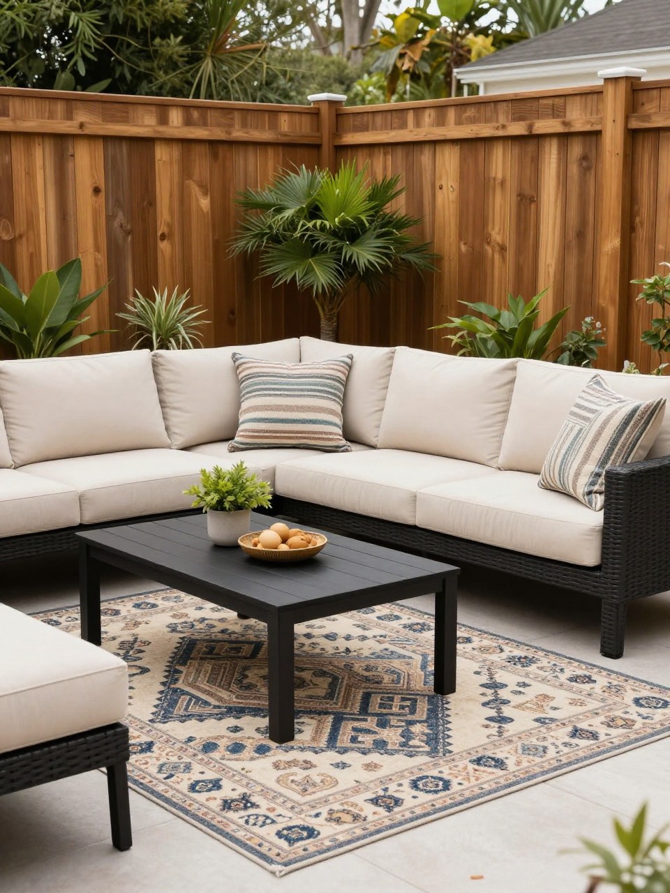Image Prompt: A stylish patio seating area with a patterned outdoor rug and matching throw pillows in similar colors, cream outdoor sofa, black coffee table, potted plants, warm wood fence, polished backyard decor, bright natural light, no people, realistic DSLR image, no text, no watermarks on images.