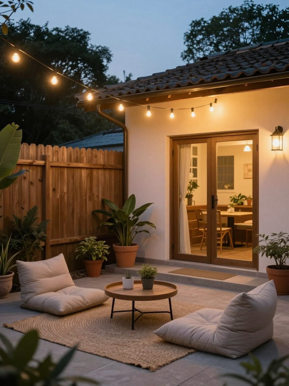 Image Prompt: A cozy tiny townhouse patio at dusk with warm string lights overhead, low outdoor floor cushions, small round tray table, potted plants, woven outdoor rug, wood fence backdrop, relaxed casual lounge mood, no people, realistic DSLR photo, no text, no watermarks on images.