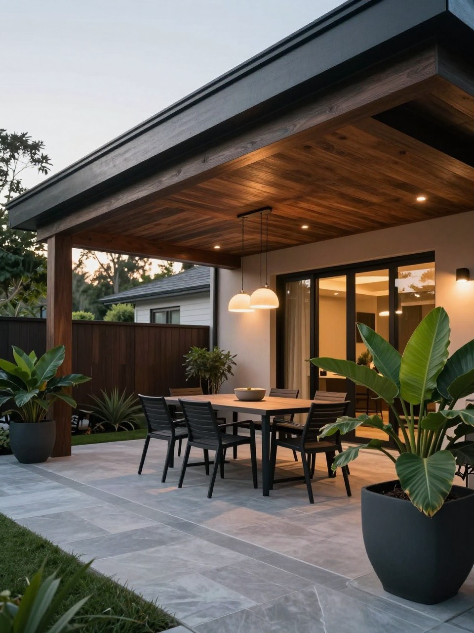Image Prompt: A modern backyard patio with a dark wood roof extension attached to the house, matching dark wood ceiling, sleek outdoor dining set, warm pendant lights, stone floor, large leafy planters, moody but elegant outdoor design, no people, realistic DSLR photo, no text, no watermarks on images.