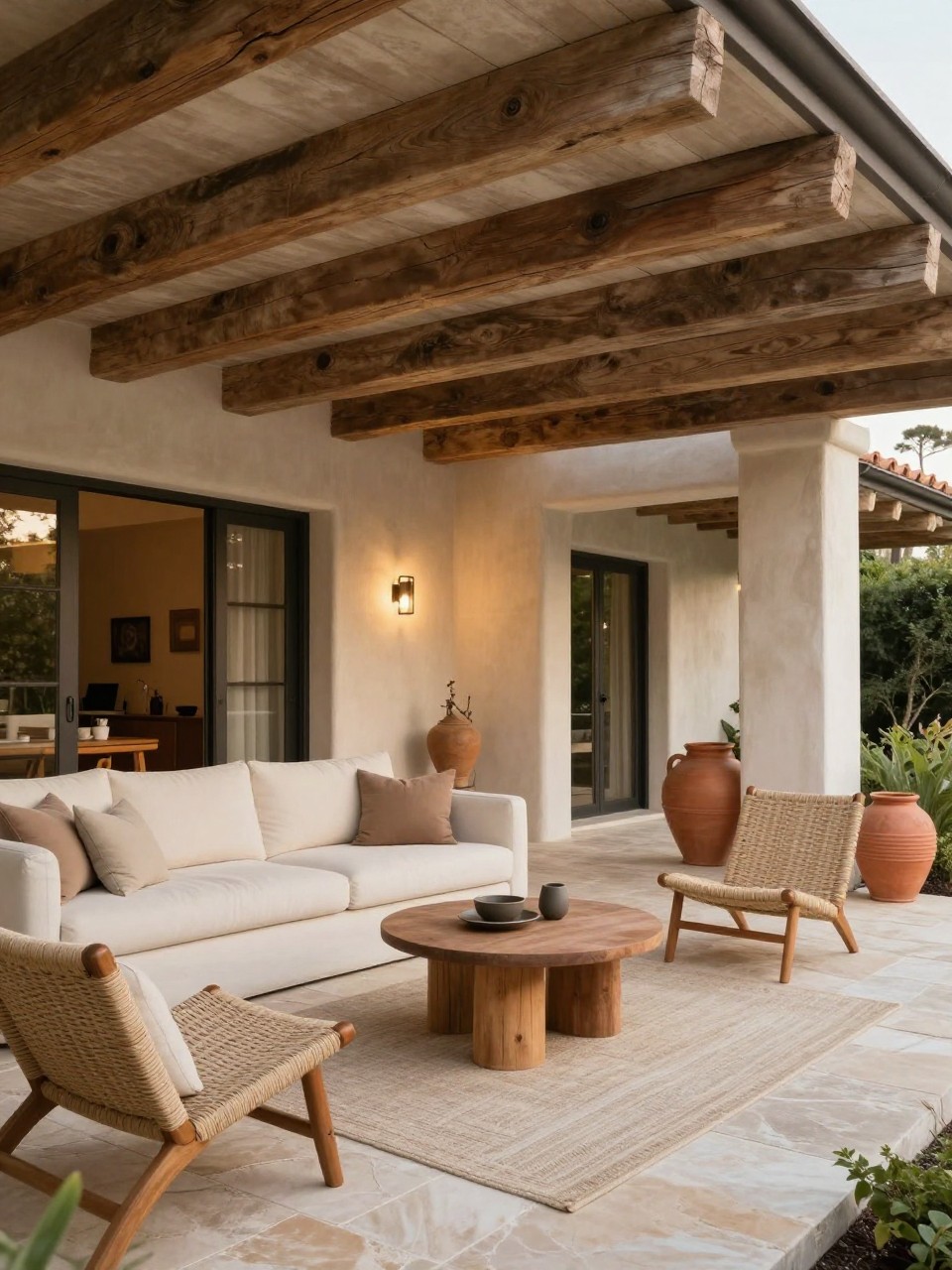 Image Prompt: A warm attached patio roof with exposed natural wood beams, cream outdoor sofa, woven lounge chairs, stone paver floor, large clay pots, soft wall sconces, neutral outdoor rug, relaxed but stylish backyard setting, no people, realistic editorial home and garden photo, no text, no watermarks on images.