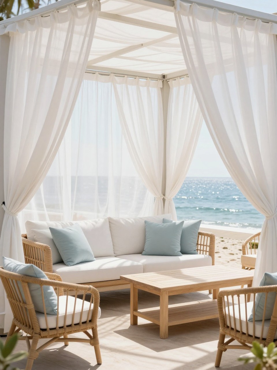 Image Prompt: A dreamy coastal patio with sheer white outdoor curtains tied back around a covered seating area, white cushioned loveseat, rattan chairs, pale wood coffee table, soft blue pillows, airy resort-like beach house decor, bright filtered sunlight, no people, realistic DSLR photo, no text, (no watermarks on images)
