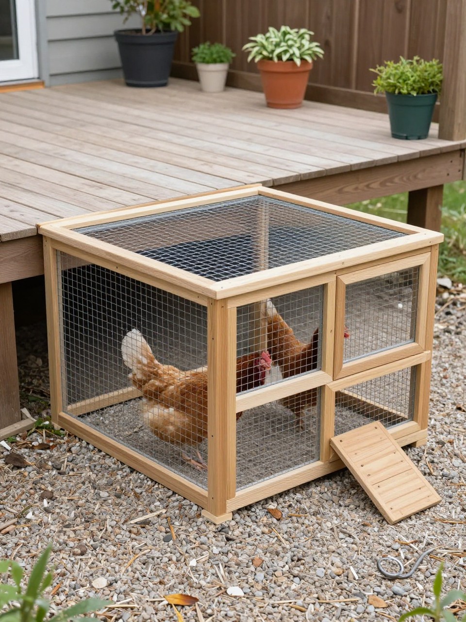 A realistic low budget chicken coop built under a backyard deck, with a secure wire run extending outward, small enclosed sleeping section, simple wooden ramp, gravel base, hens inside, patio area above and a few potted plants nearby, smart space-saving backyard setup, clean and practical DIY style, no people, no text, (no watermarks on images).