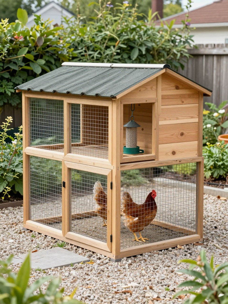 Image Prompt: A compact walk-in chicken coop and run in a small backyard, tall wire run with a human-sized door, small wooden hen house attached at the back, sloped waterproof roof, gravel base, hanging feeder and waterer inside, two chickens walking safely in the run, neat garden path and shrubs around it, clean DIY backyard homestead look, no people, no text, no watermark.