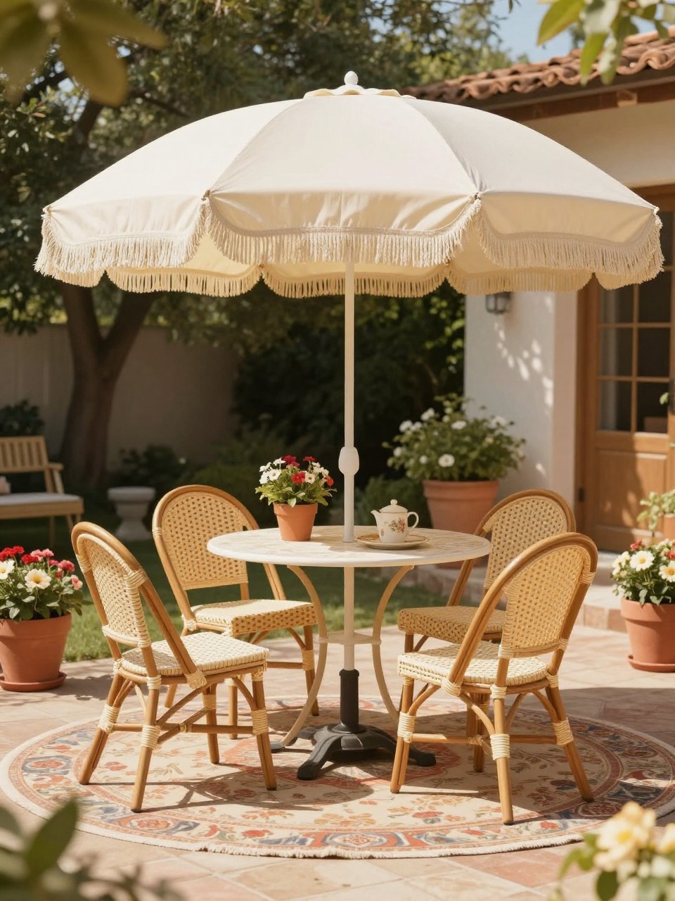 Image Prompt: A playful vintage patio with a cream fringe patio umbrella over a small dining table, rattan chairs, patterned outdoor rug, potted flowers, warm terracotta pots, sunny backyard setting, soft retro vacation mood, no people, realistic DSLR image, no text, no watermarks on images.