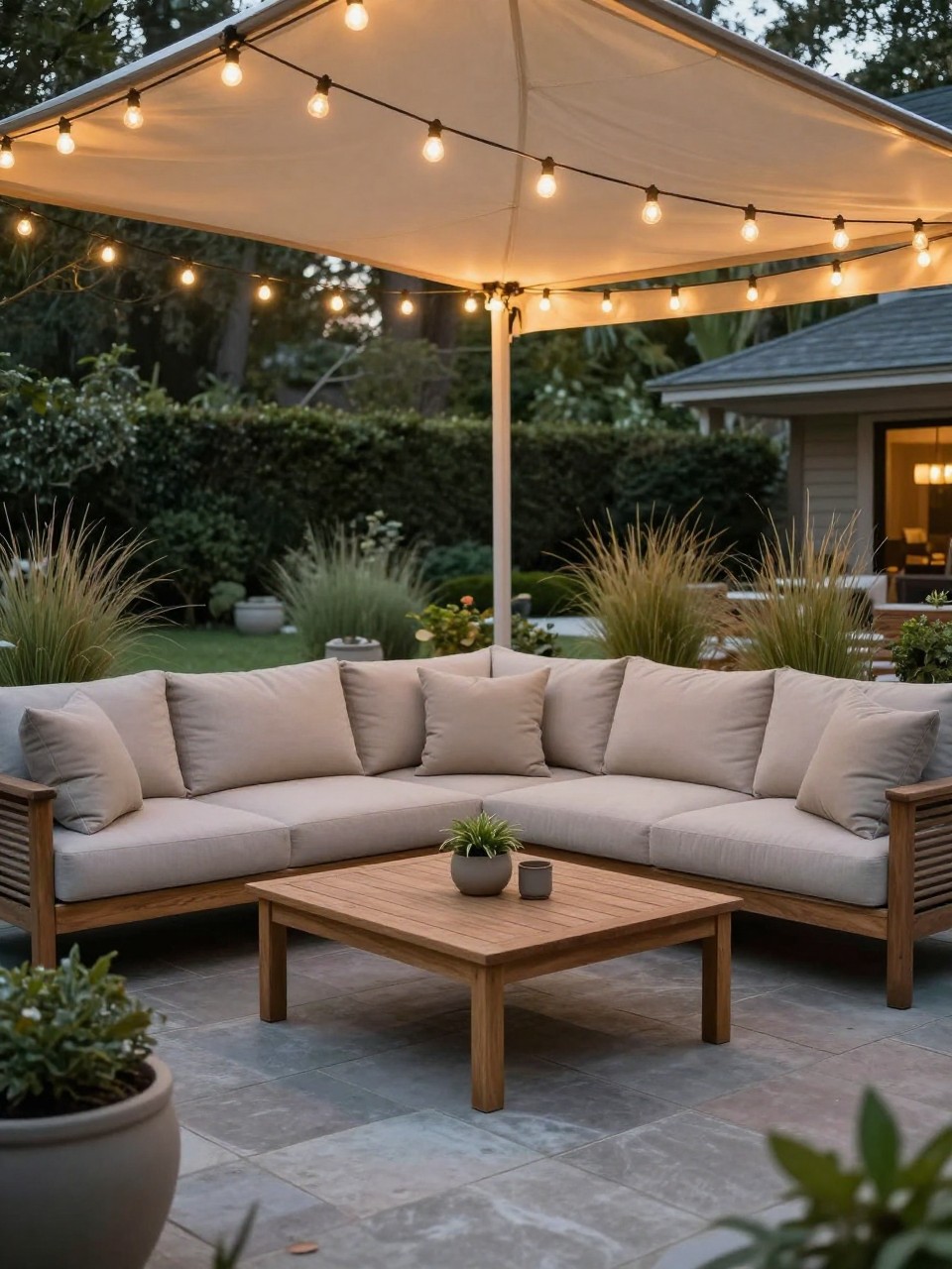 Image Prompt: A premium backyard lounge with a canopy of warm string lights overhead, outdoor sectional sofa, neutral cushions, wooden coffee table, stone patio, large planters, soft grasses, elegant evening garden design, realistic DSLR photo quality, no people, no watermarks on images.