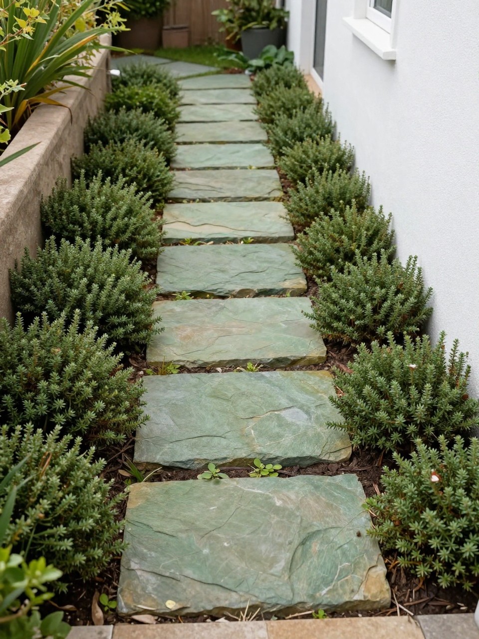 Image Prompt: A beautiful narrow side yard pathway with large natural stepping stones set into creeping thyme ground cover, soft green texture between stones, white house wall on one side, low garden border on the other, warm natural daylight, elegant compact garden design, realistic DSLR photo quality, no people, no watermarks on images.