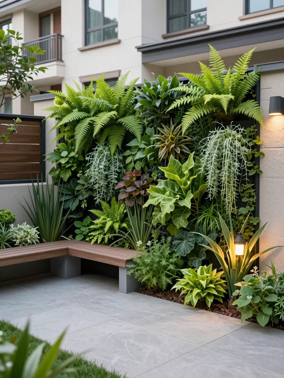 Image Prompt: A modern townhome backyard with a vertical garden wall filled with ferns, herbs, trailing plants, and leafy greenery, slim stone patio, small bench, warm outdoor lighting, fresh and space-saving garden design, realistic DSLR photo quality, no people, no watermarks on images.
