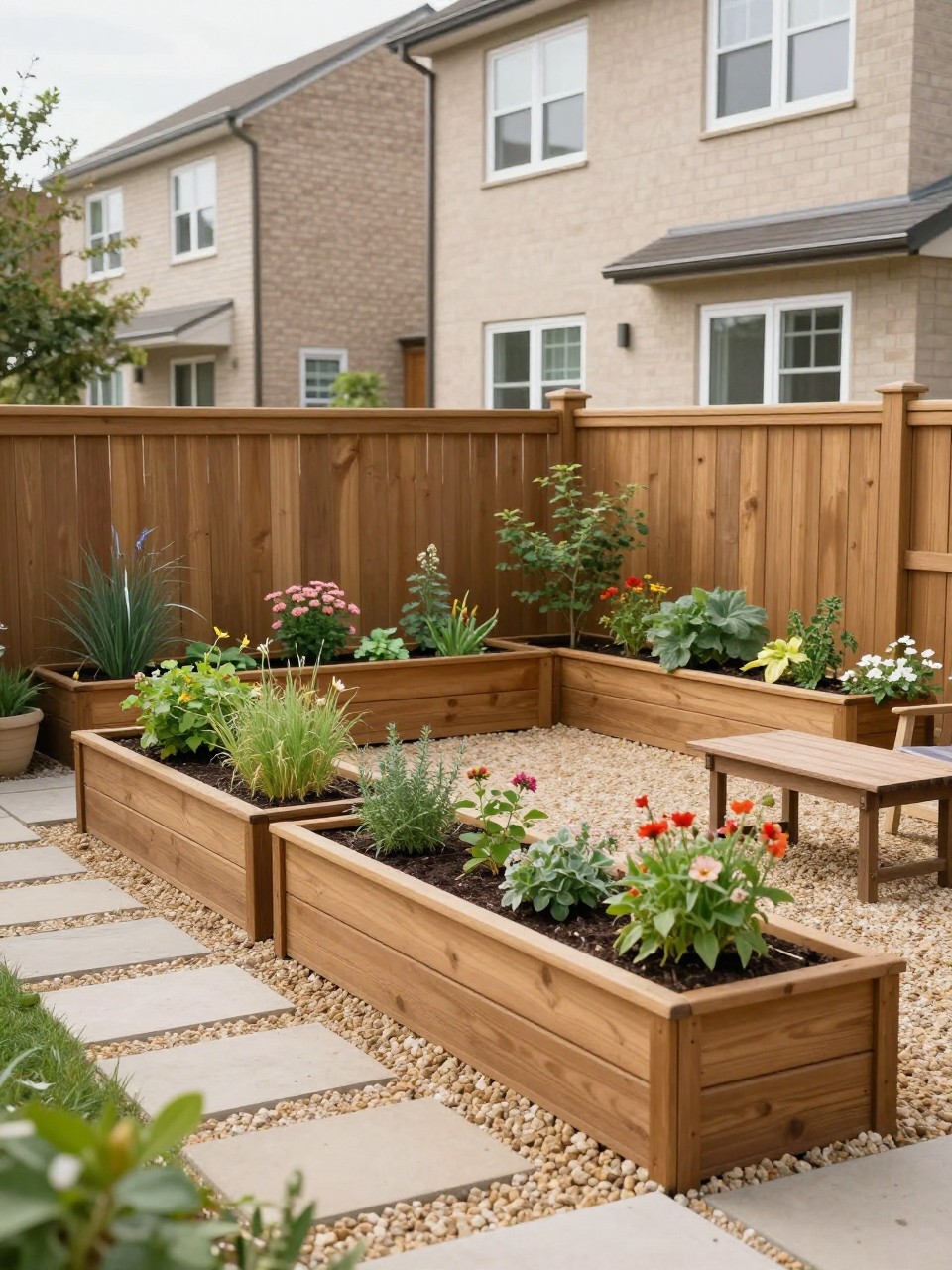 Image Prompt: A compact townhome backyard with raised wooden planters along the fence, herbs, flowers, small vegetables, gravel path, small seating area, warm and practical garden layout, realistic DSLR photo quality, no people, no watermarks on images.