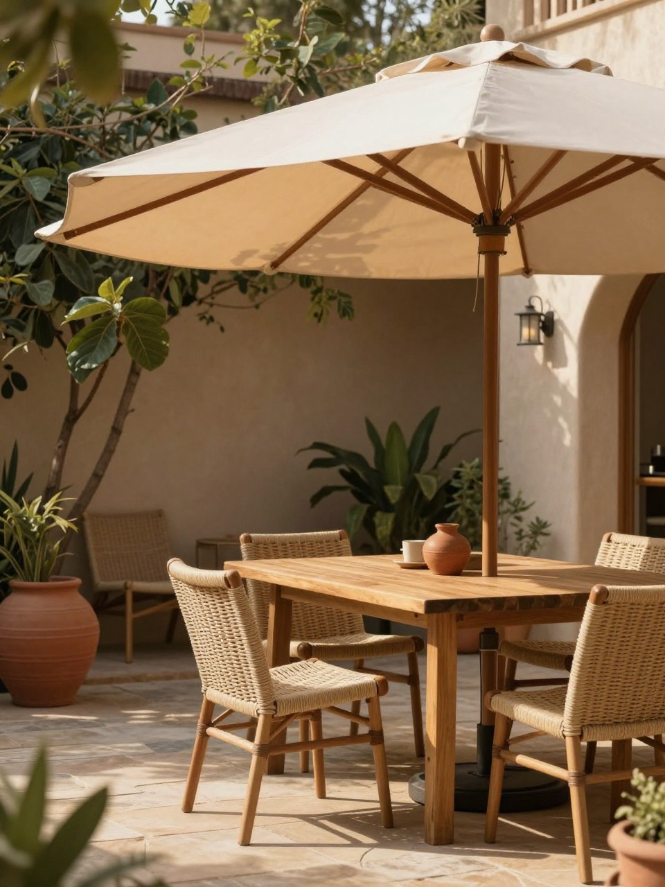 Image Prompt: A warm patio with a wood pole patio umbrella in a natural beige canopy, wooden dining table, woven chairs, clay pots, stone paver floor, leafy plants, soft afternoon sunlight, calm earthy outdoor dining style, no people, realistic DSLR image, no text, no watermarks on images.
