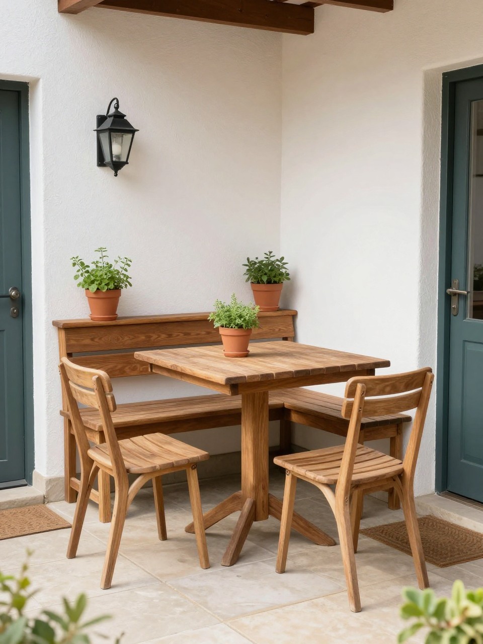 Image Prompt: A tiny townhouse patio dining nook with a narrow wooden table, built-in bench on one side, two slim chairs on the other, potted herbs, wall-mounted lantern, light stone floor, cozy small outdoor dining setup, bright natural light, no people, realistic DSLR editorial photo, high detail, no text, no watermarks on images.