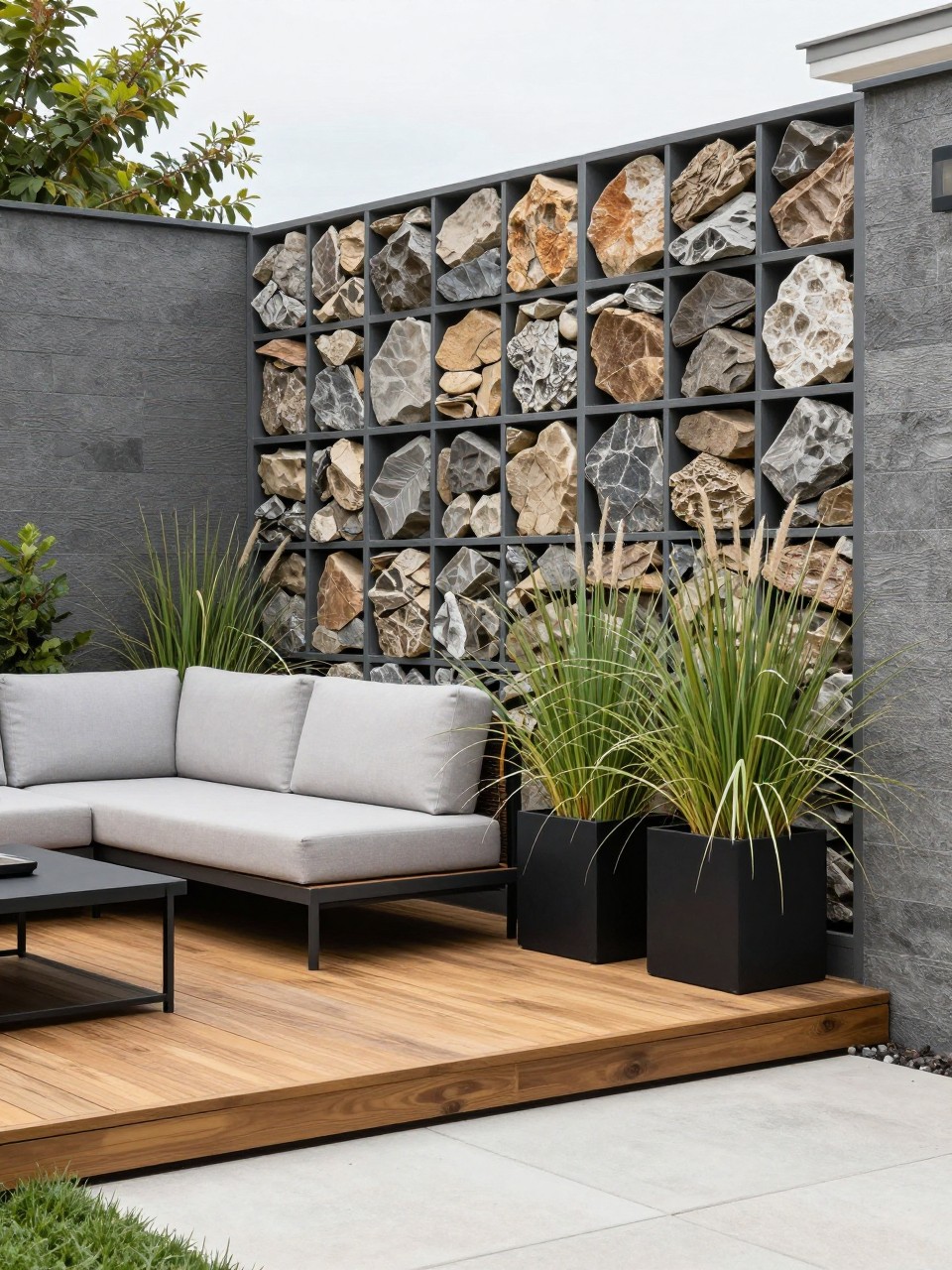 Image Prompt: A stylish contemporary backyard with a gabion screen wall filled with natural stone, modern outdoor sofa, ornamental grasses, warm wood decking, black planters, premium landscape design, textured garden boundary, realistic DSLR photo quality, no people, no watermarks on images.