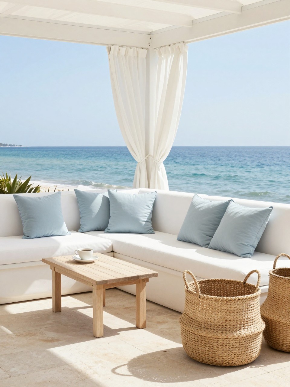 Image Prompt: A bright coastal patio with white slipcovered outdoor seating, soft blue throw pillows, pale wood side tables, large woven baskets, airy white curtains, light stone flooring, elegant and breezy beach-inspired outdoor decor, no people, realistic DSLR image, no text, (no watermarks on images)