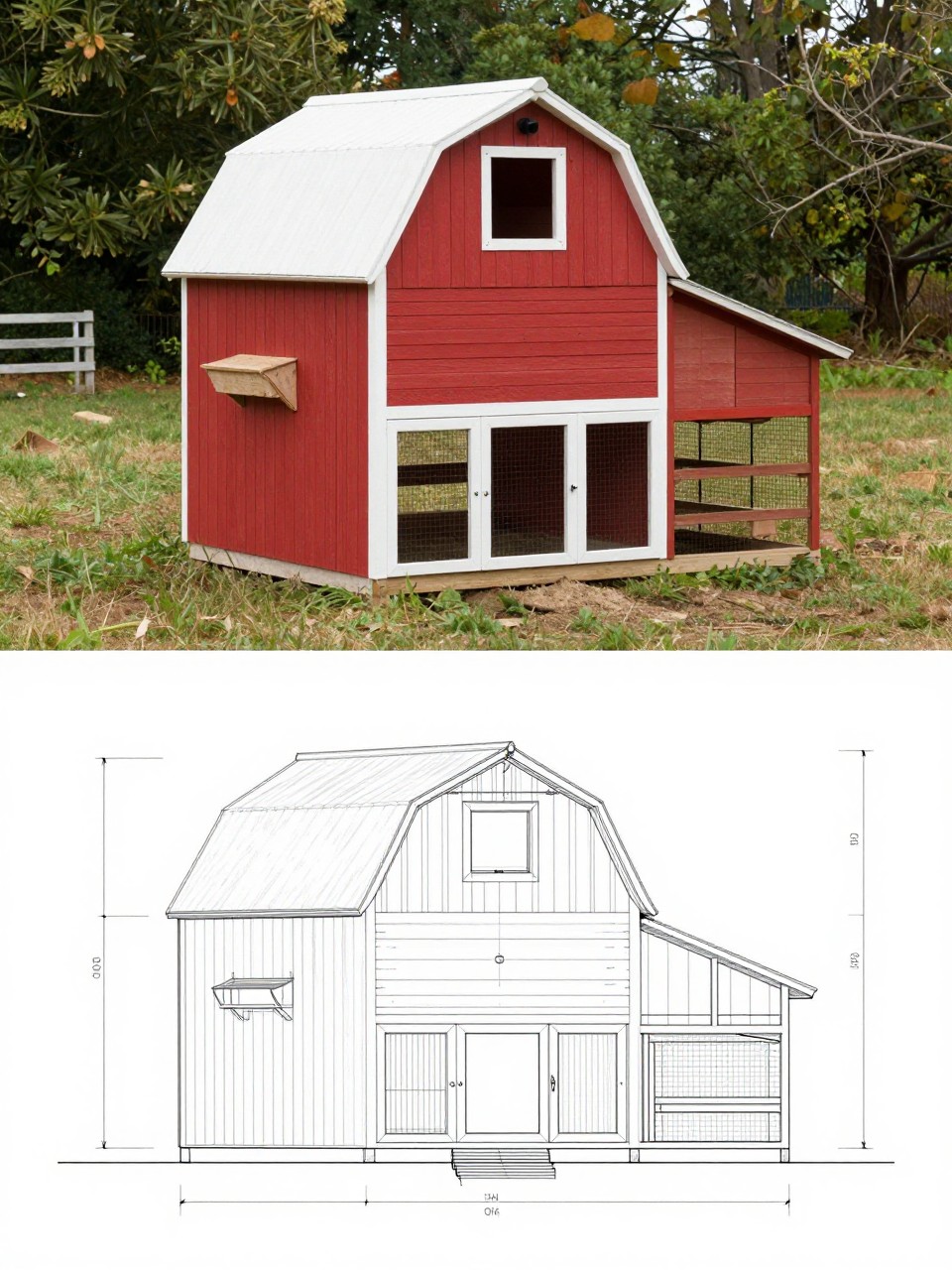 Image Prompt: A vertical 2-collage image. The top half shows a realistic barn-style chicken coop with red painted siding, white trim, a mini barn roof, side nesting boxes, and a secure run in a country-style backyard. The bottom half shows the matching coop plan with front elevation, roof shape drawings, side framing, and dimensions in a simple blueprint-style construction sheet. The top and bottom sections should clearly represent the same barn-style coop. No people, no watermark.
