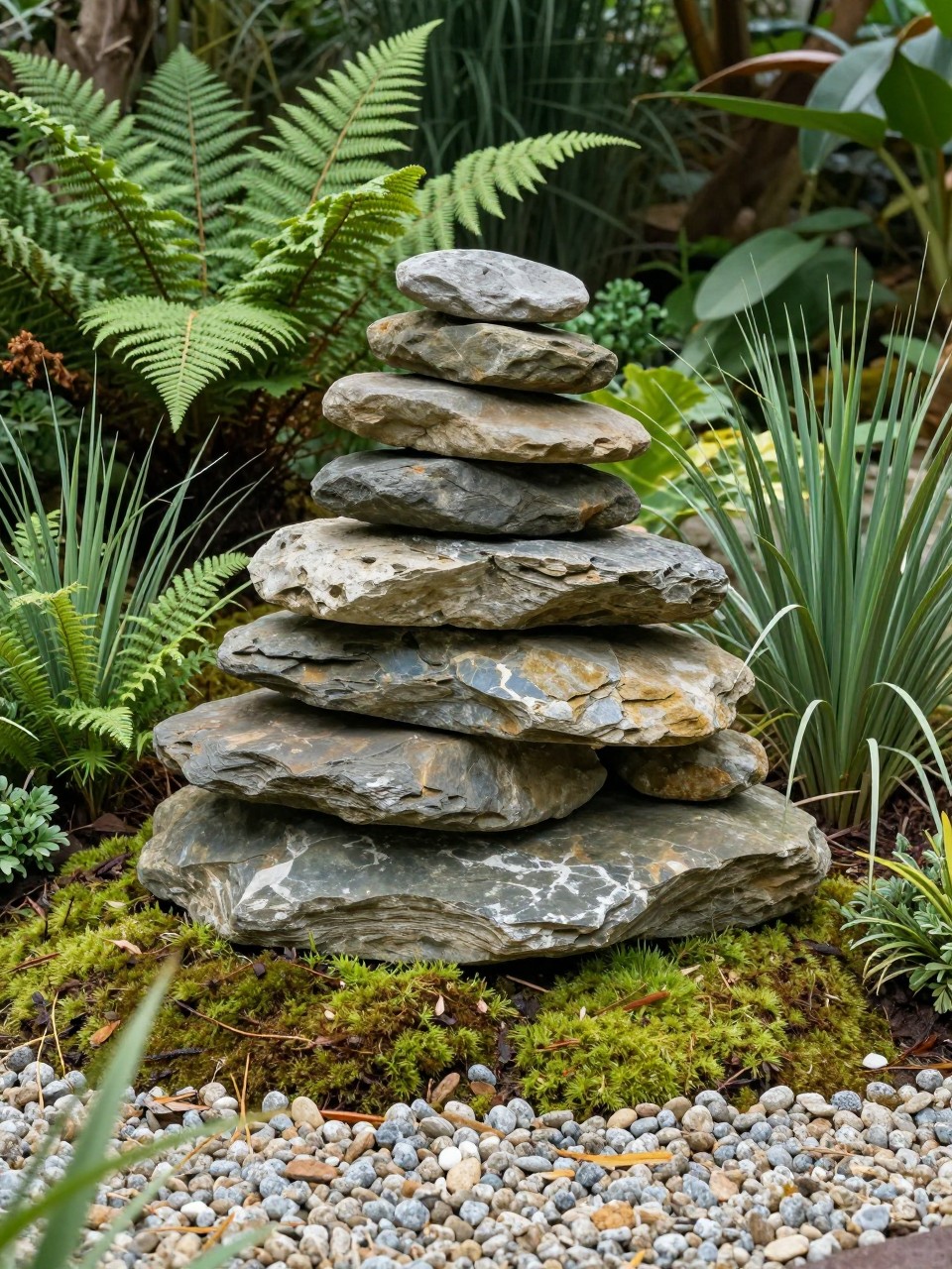 Image Prompt: A natural garden rock art sculpture made from stacked flat stones, balanced cairn design, surrounded by ferns, moss, ornamental grasses, smooth gravel, peaceful woodland garden setting, realistic DSLR photo quality, no people, no watermarks on images.