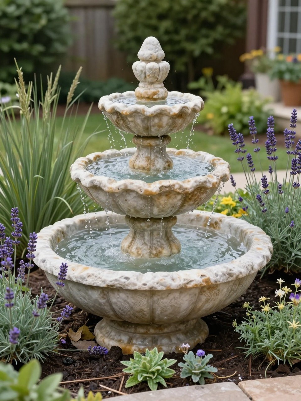 Image Prompt: A beautiful tiered stone bowl waterfall feature, water spilling from one shallow stone bowl into the next, placed in a home garden bed, surrounded by lavender, grasses, and low flowers, elegant homemade garden feature, realistic DSLR photo quality, no people, no watermarks on images.