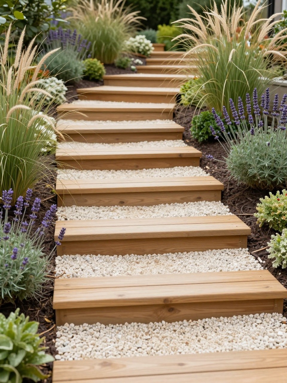 Image Prompt: A stylish garden pathway with timber sleeper steps set into a gentle slope, pale gravel between the steps, soft planting on both sides, ornamental grasses, lavender, small shrubs, warm natural textures, premium home garden landscaping, realistic DSLR photo quality, no people, no watermarks on images.