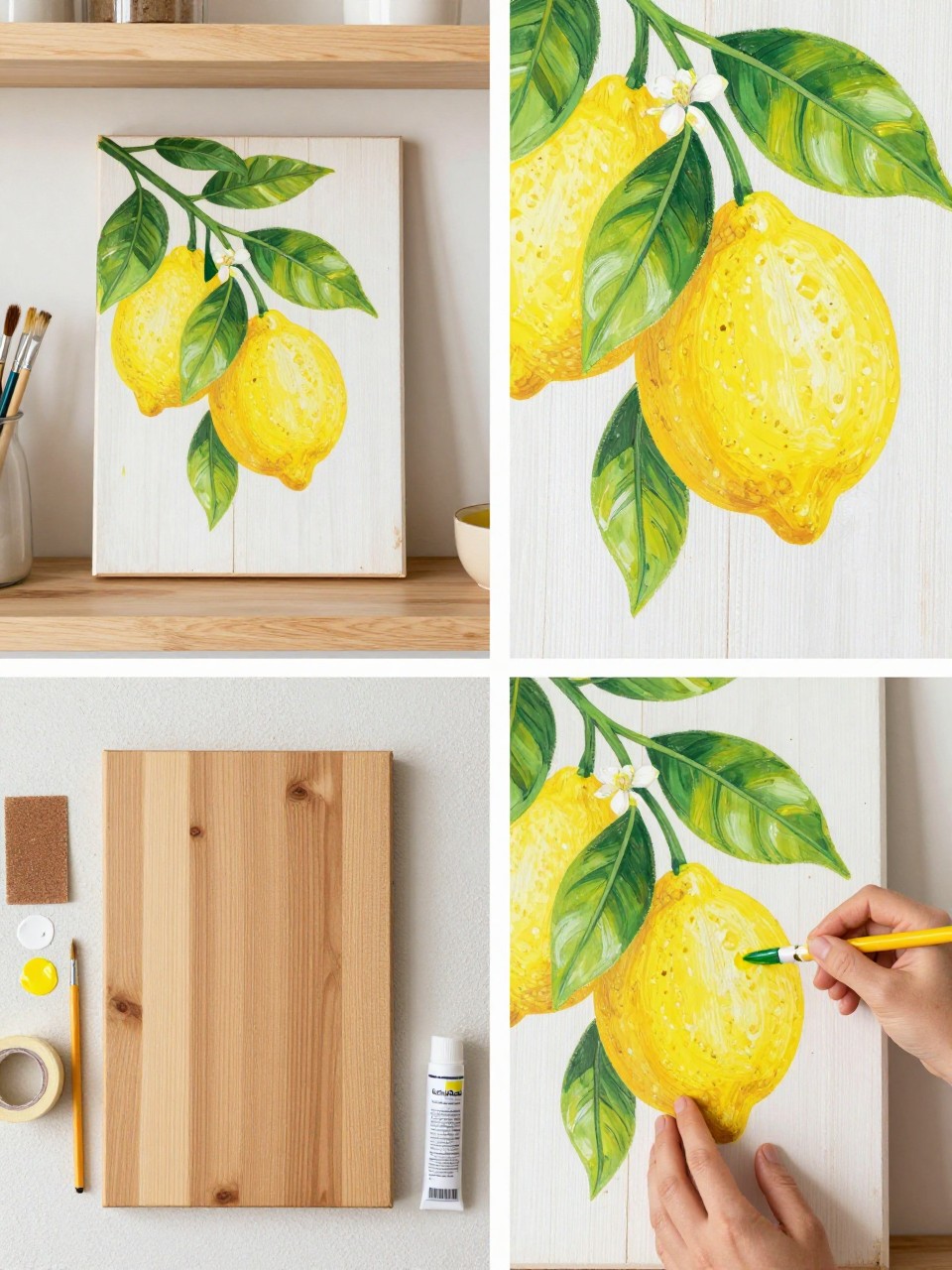 A realistic editorial 2x2 collage grid showing a DIY lemon branch wooden summer sign, top-left finished rectangular wood sign with painted lemon branches, green leaves, and small white blossoms displayed on a kitchen shelf, top-right close-up of lemon details, leaf veins, and lightly distressed wood texture, bottom-left flat lay of wood board, yellow, green, white, and brown outdoor paint, brushes, pencil, sandpaper, painter’s tape, and clear sealer, bottom-right cropped hands painting lemon leaves onto the sign, sunny summer home craft setting, no faces, no text, no watermark on images.