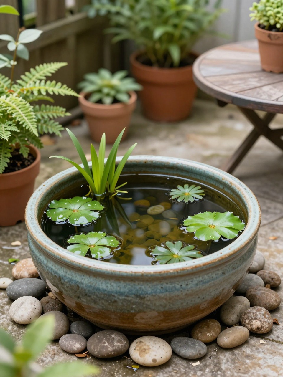 Image Prompt: A tiny DIY backyard pond made from a large glazed ceramic bowl, small floating water plants, smooth pebbles, surrounding potted plants, patio table nearby, compact garden styling, realistic DSLR photo quality, no people, no watermarks on images.