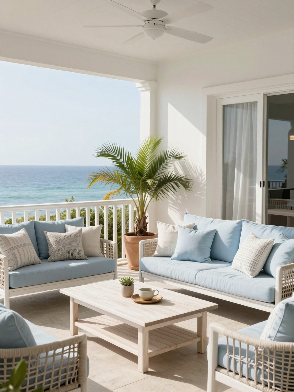 Image Prompt: A beautiful coastal-inspired back porch patio with white outdoor furniture, soft blue cushions, woven textures, pale wood coffee table, potted palms, breezy curtains, light and airy outdoor styling, realistic DSLR photo quality, no people, no watermarks on images.
