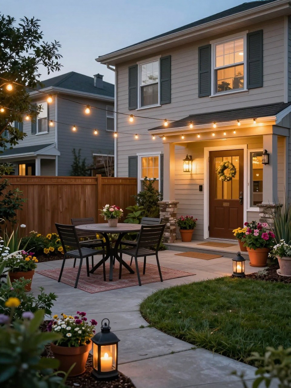 Image Prompt: A charming townhome backyard with warm string lights draped overhead, small dining set, potted flowers, privacy fence, outdoor rug, lanterns, cozy evening patio atmosphere, beautiful compact garden styling, realistic DSLR photo quality, no people, no watermarks on images.