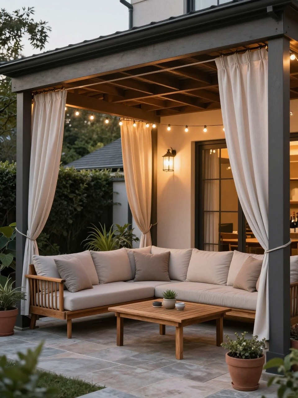Image Prompt: A covered patio roof attached to the house with soft outdoor curtains hung between the support posts, cozy outdoor sectional, neutral cushions, wooden coffee table, stone floor, potted plants, warm string lights, private and elegant backyard lounge, no people, realistic DSLR image, no text, no watermarks on images.