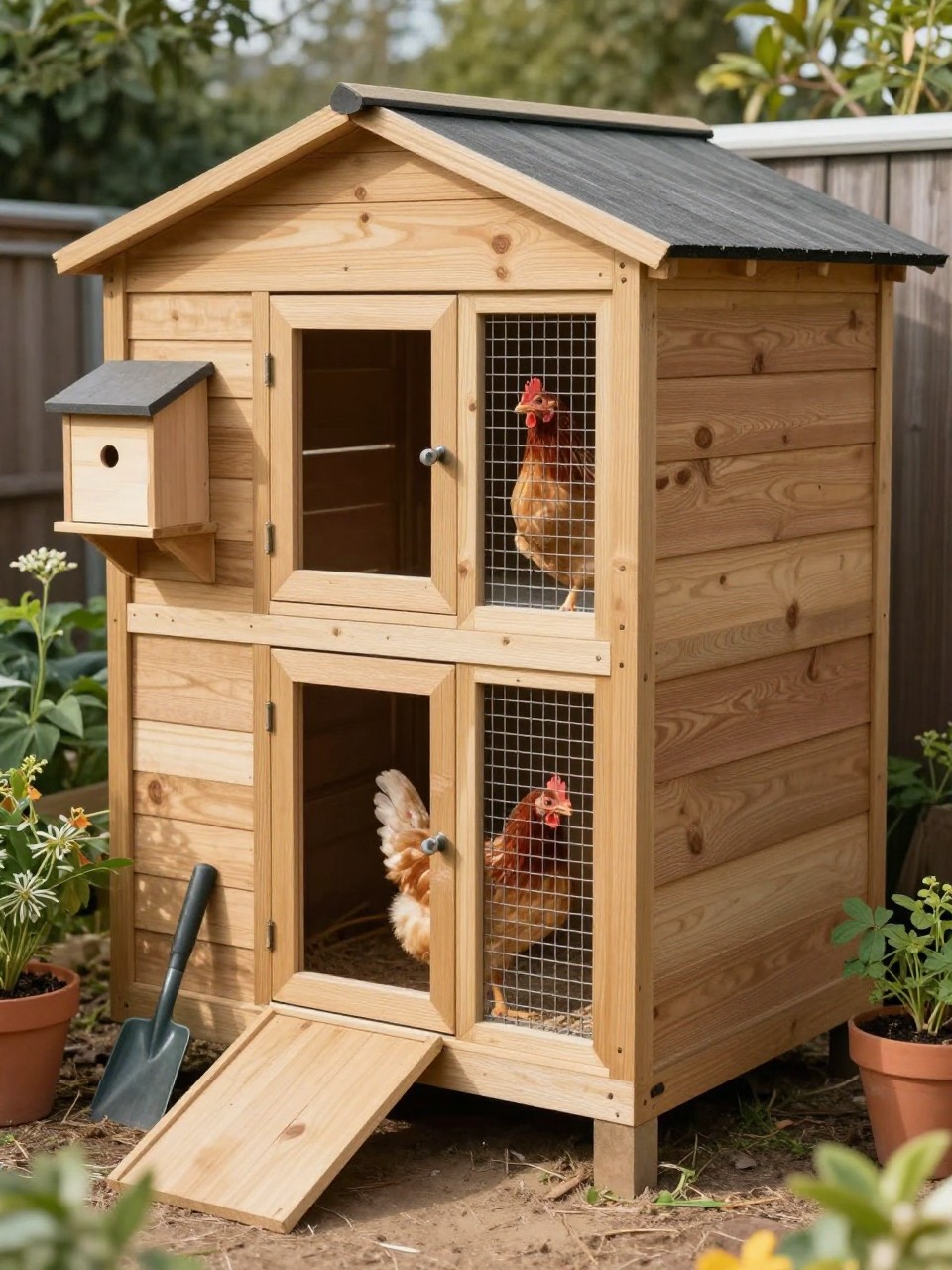 Image Prompt: A small chicken coop built into the side corner of a backyard garden shed, wooden shed wall with a neat chicken door and ramp leading into a secure wire run, small nesting box mounted outside for easy egg collection, potted plants and garden tools nearby, clean practical DIY setup, warm afternoon light, no people, no text, no watermark.