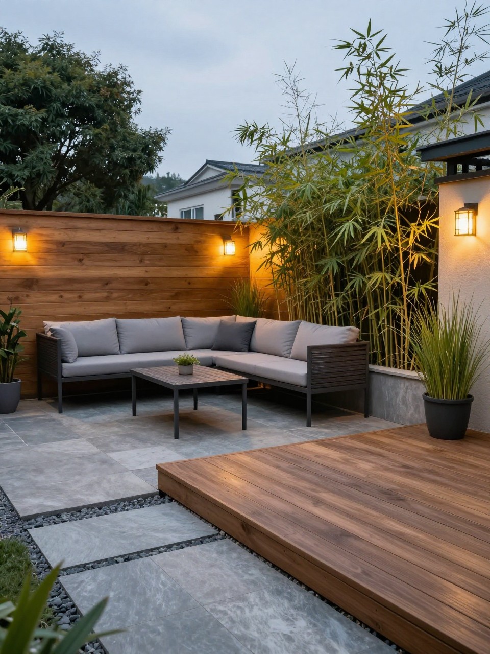 Image Prompt: A modern backyard with a wooden deck and stone patio combo, horizontal wood privacy screens along one side, outdoor sectional, dining table, potted bamboo and grasses, warm wall lights, cozy private outdoor living area, no people, realistic DSLR image, no text, no watermarks on images.