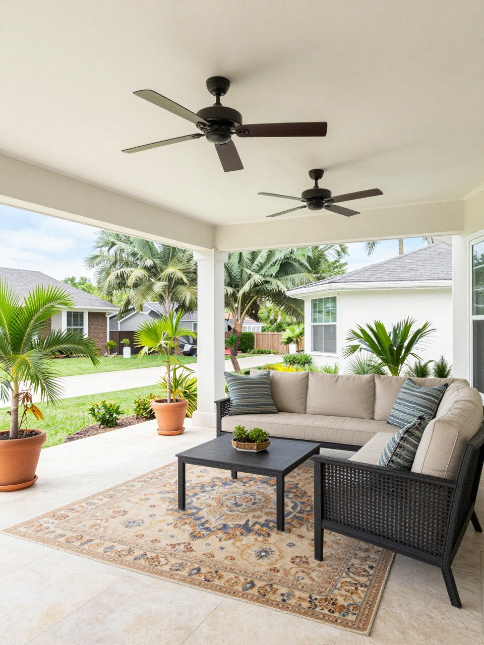 Image Prompt: A breezy covered patio attached to the house with two black ceiling fans, white painted ceiling, outdoor sofa and chairs, large patterned outdoor rug, potted palms, light stone floor, open backyard view, bright airy outdoor room, no people, realistic DSLR photo, no text, no watermarks on images.