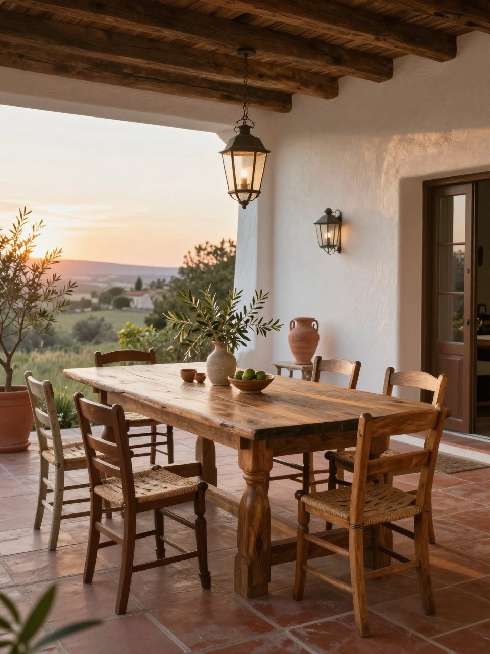 Image Prompt: A beautiful Italian patio with a long rustic farm table, mixed wooden chairs, terracotta tile floor, white stucco walls, hanging lanterns, clay urns with olive branches, warm sunset light, inviting family-style outdoor dining setting, no people, realistic DSLR photo, no text, no watermarks on images.